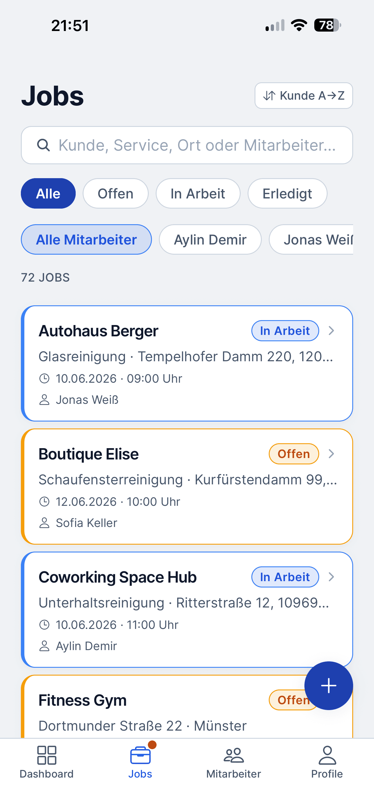 Jobs-Liste der App: 72 Aufträge mit Filtern, Suche und Status je Kunde